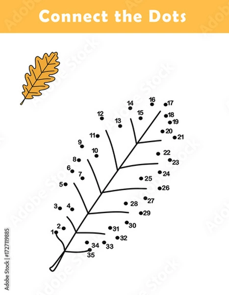 Fototapeta Dot to Dot Worksheet for Kids. Connect the dots to draw a cute leaf. Illustration of leaf. Coloring page.
