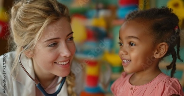 Fototapeta pediatrician with child — smiling doctor and cheerful toddler in clinic, candid healthcare portrait in warm light, trust and care during stethoscope exam, professional pediatric checkup for prevention