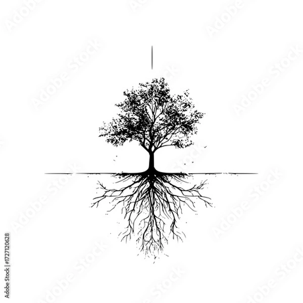 Fototapeta A silhouette of a tree with detailed roots extending below a line on a white background is shown here