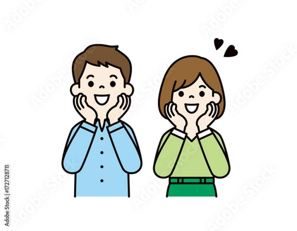 Fototapeta 興奮した様子で嬉しそうな、若い男性と女性の上半身ベクターイラスト素材＿カラー