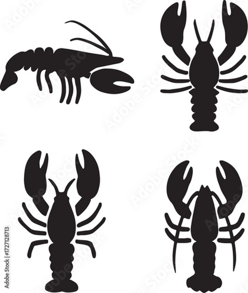 Fototapeta big lobster silhouette icons set side, front, back, and top views vector art illustration