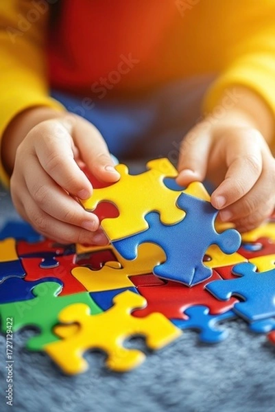 Fototapeta A toddler's small hands carefully place a puzzle piece, demonstrating early childhood development and problem-solving skills