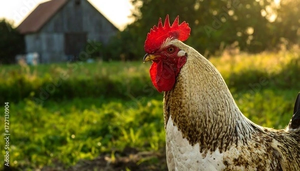 Obraz Rooster head close-up, green field, farm building in background bathed in warm sunset light