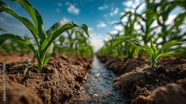 Fototapeta Low-angle shot of a freshly tilled irrigation ditch in a farm field, showing rich brown earth and new green shoots with a cornfield in the background.