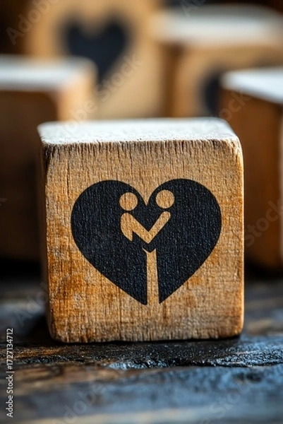 Fototapeta Closeup shot of a single wooden block with empathy icon two figures embracing inside a heart