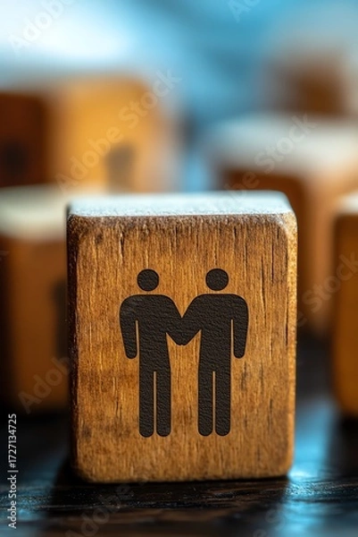 Fototapeta Closeup shot of a single wooden block with empathy icon two figures embracing inside a heart