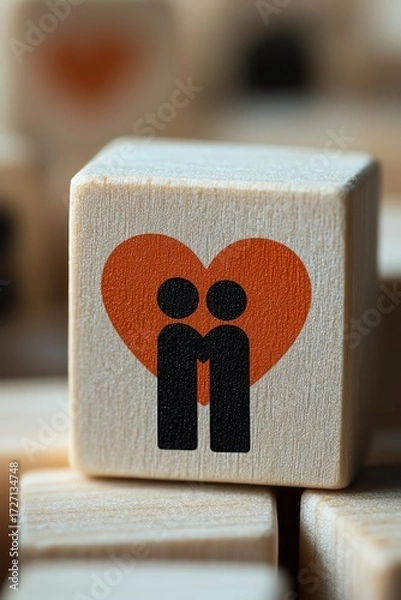 Fototapeta Closeup shot of a single wooden block with empathy icon two figures embracing inside a heart