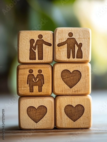 Fototapeta Empathy concept   A stack of wooden blocks with engraved empathy icons two people hugging