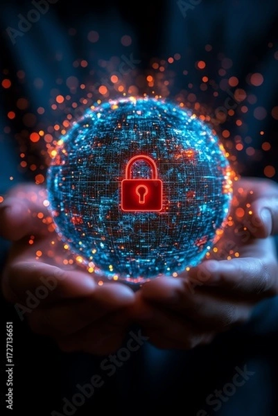 Fototapeta Global financial security concept   A person holding a glowing colorful digital earth with an overlay of a wallet and a red padlock icon