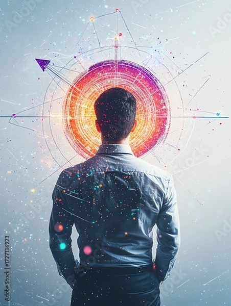 Fototapeta Business goals concept   A man with short black hair wearing a white shirt presenting a glowing colorful digital target icon with an arrow