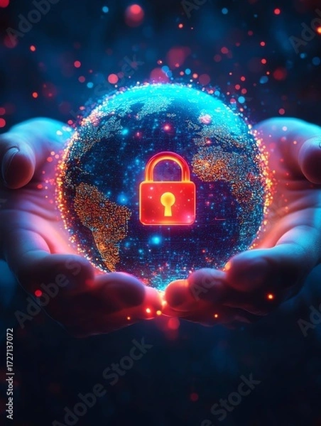 Fototapeta Closeup of hands holding a luminous colorful digital earth with glowing wallet and red padlock icon White background
