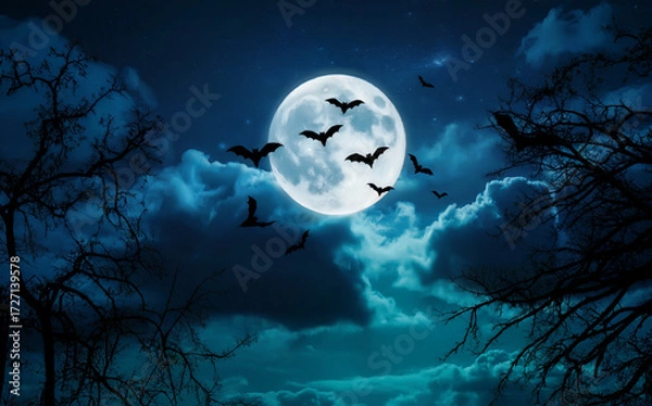 Fototapeta Full Moon Halloween Night Scene with Flying Bats, Cloudy Sky, and Silhouetted Tree Branches, Spooky Atmospheric Backdrop for Gothic Design, Seasonal Decor, and Haunted Visual Themes