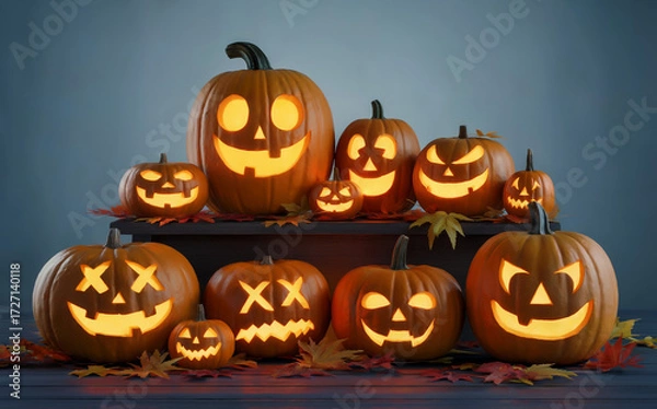 Fototapeta Group of Glowing Jack-o'-Lanterns with Unique Carved Faces and Autumn Leaves, Festive Halloween Pumpkin Display for Seasonal Decor, Holiday Celebration, and Spooky Visual Design