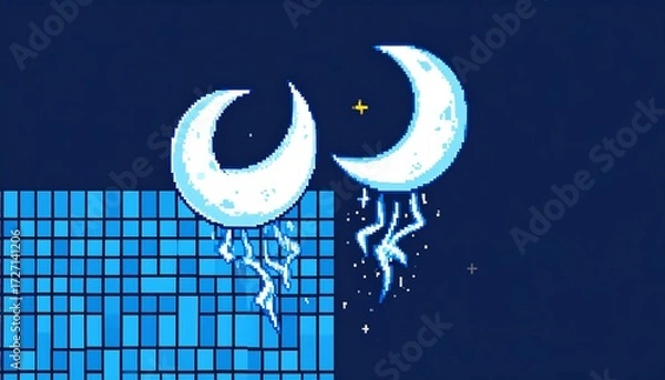 Obraz Two pixelated moons with lightning bolts, over a grid