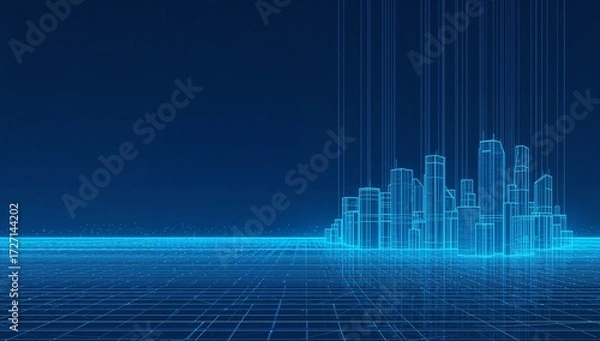 Fototapeta Futuristic city landscape background blue. Low poly wireframe night buildings with glowing effect. Abstract tech smart cityscape background. Innovation skyscrapers and offices.  ai
