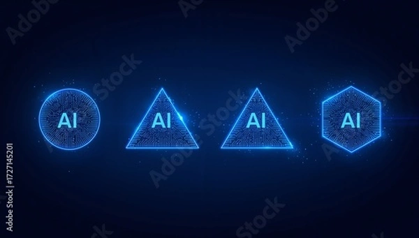 Fototapeta Futuristic AI Symbols – Glowing Geometric Shapes Representing Artificial Intelligence in Digital Tech Interface