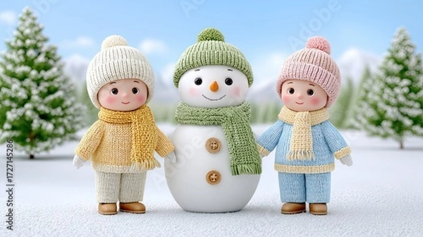 Fototapeta Two cheerful dolls in winter hats with a cute snowman surrounded by snow-covered trees.