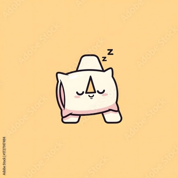 Fototapeta Cute cartoon sleeping pillow shaped like the letter A with zZz on a soft yellow background.