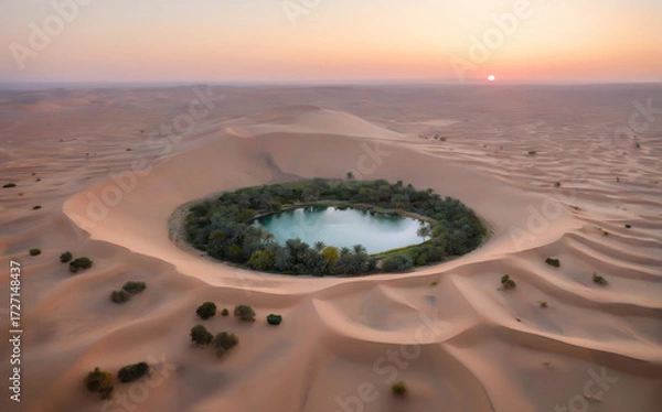 Fototapeta Circular Desert Oasis with Lush Greenery and Water Surrounded by Sand Dunes at Sunset, Dramatic Contrast of Arid Terrain and Vibrant Life for Nature Photography, Travel Inspiration and Environmental