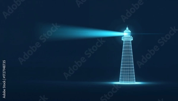 Fototapeta Abstract digital lighthouse with a bright beam on a dark blue technology background in a futuristic style. Guiding light and business vision concept. Low poly wireframe vector illustration. ai