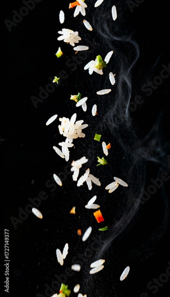 Fototapeta Slow-motion vector illustration of falling rice grains and vegetables, with a delicious steam.
