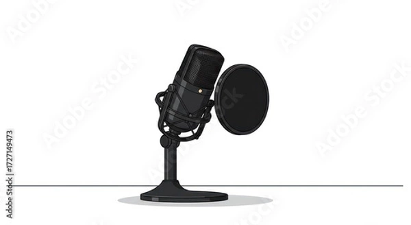 Fototapeta Black microphone and pop filter on a stand on white background
