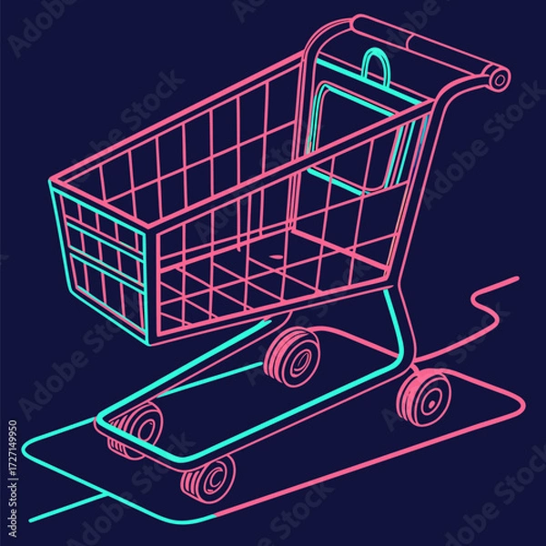 Fototapeta Groovy neon shopping cart illustration for retail promotions, modern e-commerce, and vibrant sales events with a retro-futuristic vibe, perfect for ads and marketing