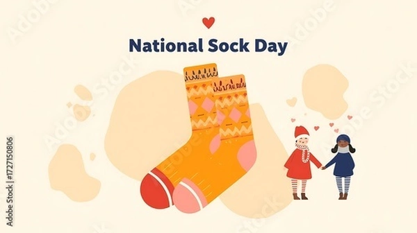 Fototapeta National sock day banner with colorful knit socks patterned argyle and fair isle beside two friends in winter outfits holding hands wearing beanies scarves and striped socks for seasonal promo