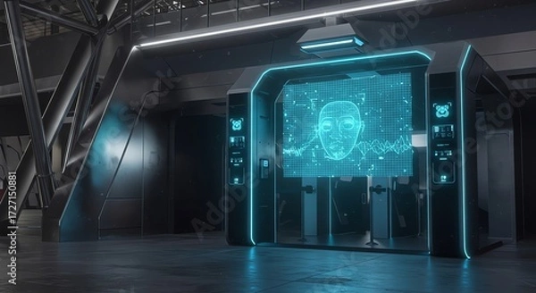 Fototapeta Futuristic Biometric Scanner Cyberpunk Face Scan High Tech AI System