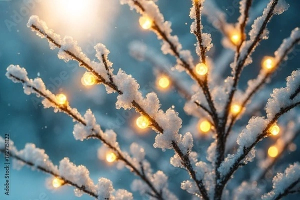 Obraz Close-Up of Snow-Covered Decorative Branches with Fairy Lights in Daylight