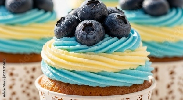 Obraz Close Up of Cupcake with Blue Frosting and Fresh Blueberries