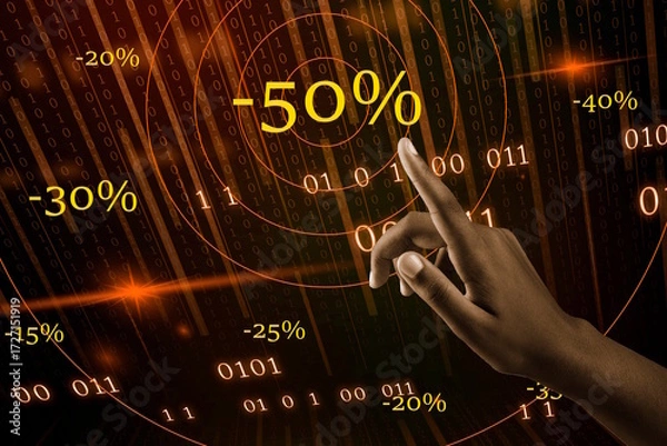 Fototapeta Touche du doigt la réduction de 50% pour représenter en période de soldes des achats sur internet, le web avec un fond de données binaires