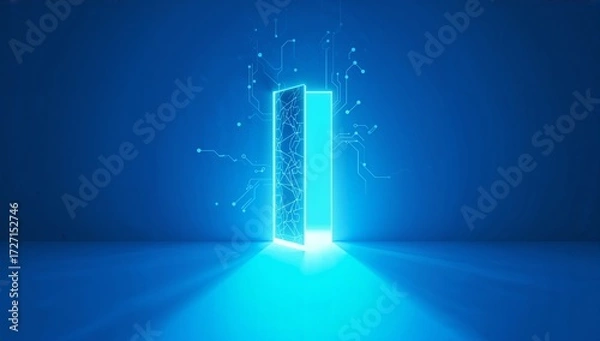 Fototapeta Futuristic Tech Gateway – Glowing Blue Portal Surrounded by Circuit Patterns in Digital Transformation Environment