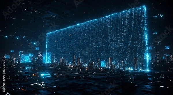Fototapeta Futuristic Cyberpunk Cityscape Data Stream Cloud Computing Concept