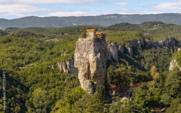 Fototapeta Aerial view of Katskhi Pillar, a monastery built on a tall rock in Georgia