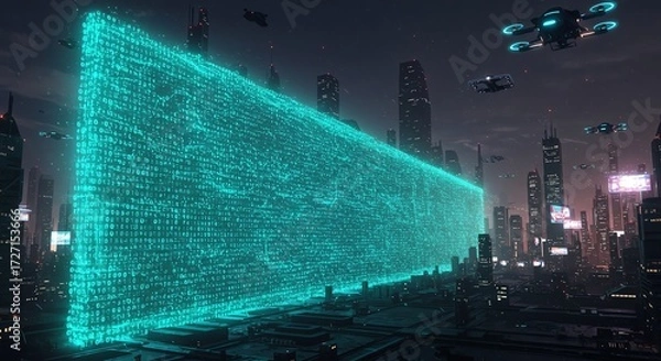 Fototapeta Futuristic Data City with Flying Drones and Digital Information