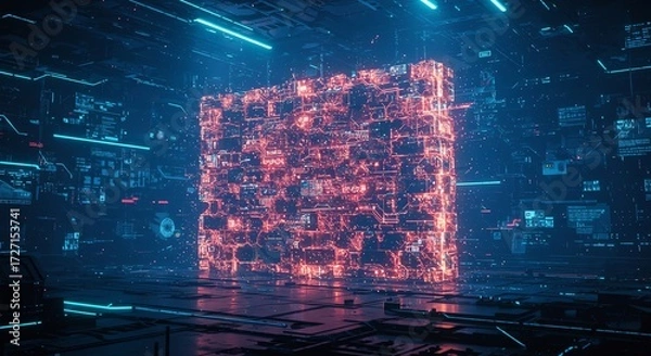 Fototapeta Futuristic Data Cube in Virtual Reality Cyberpunk Technology Concept
