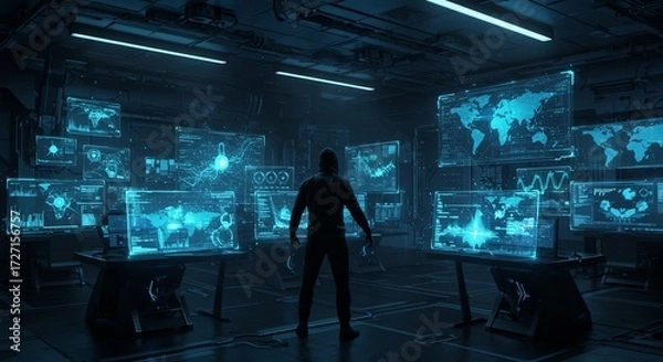 Fototapeta Hacker in Dark Room with Data Analytics Futuristic Technology