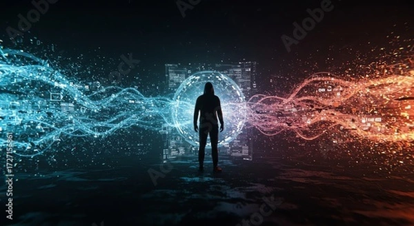 Fototapeta Hacker in Data Stream The Future of Cyber Security and Technology