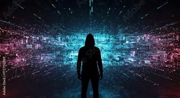 Fototapeta Hacker Silhouette in Cyber Space Technology Future Digital World