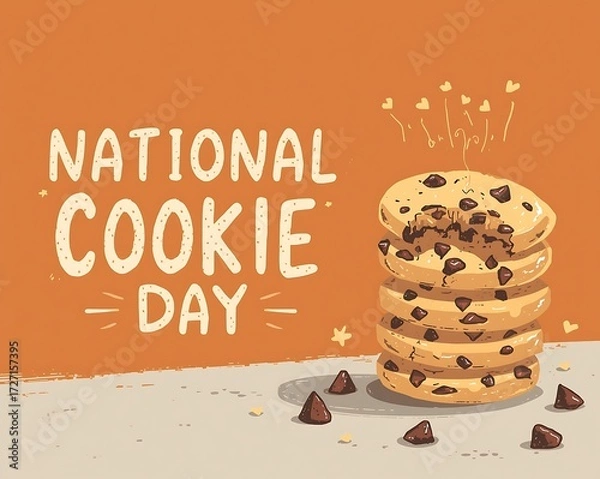 Fototapeta National cookie day poster of stacked chocolate chip cookies with scattered chocolate chunks and crumbs on warm orange background ideal for bakery branding promotional social media content.