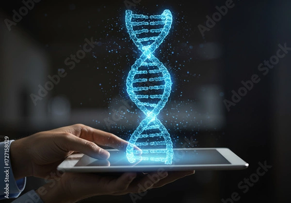 Fototapeta Ultra-realistic closeup: Modern tablet in hand displaying a glowing DNA projection.