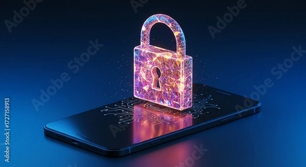 Fototapeta Mobile Security Digital Lock with Neon Circuit Board Technology