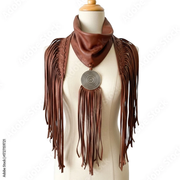 Fototapeta Brown leather scarf with fringe and silver concho isolated on transparent background