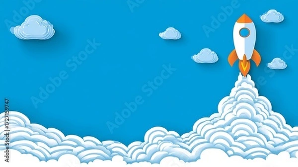Fototapeta Cartoon Rocket Launching in Blue Sky with Fluffy Clouds for Children's Science and Educational Content