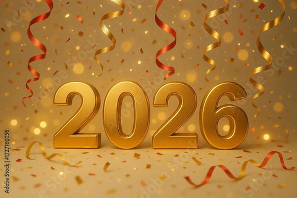Fototapeta Golden numbers 2026 stand prominently with festive ribbons, confetti and soft, glowing lights creating a joyful atmosphere for New Year