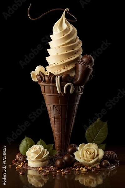 Obraz Chocolate ice cream cone dessert in artistic style, brown and cream colors, celebration concept, World Chocolate Day words + concept