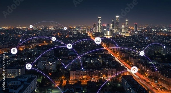 Fototapeta Smart City Network Connection Digital Technology Skyline Evening