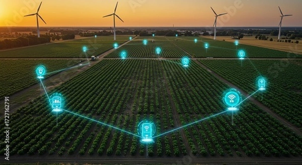 Fototapeta Smart Farming Connected Agriculture Using Technology and Wind Power
