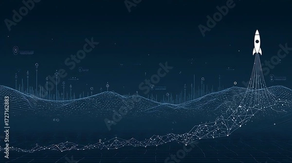 Fototapeta Futuristic Digital Landscape with Rocket Launching in Night Sky